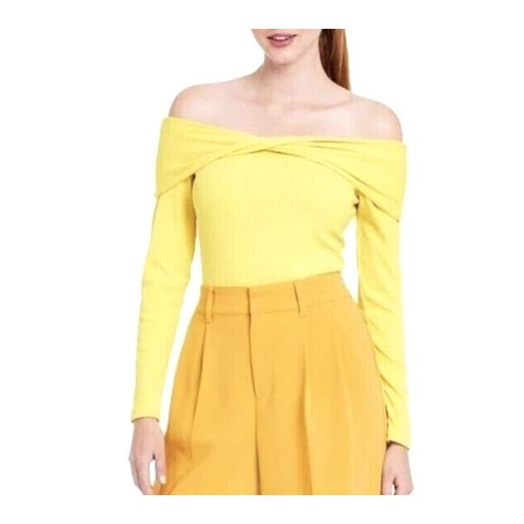 New Sergio Hudson Yellow Off Shoulder Long Sleeve Body Suit SIZE L - Picture 1 of 8